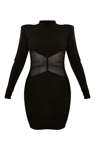 Black ruched mesh high neck Bodycon dress