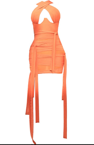 Shape Orange mesh Warp Neck Dress
